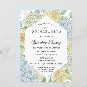 Blue White Rose Hydrangea Quinceanera Invitation