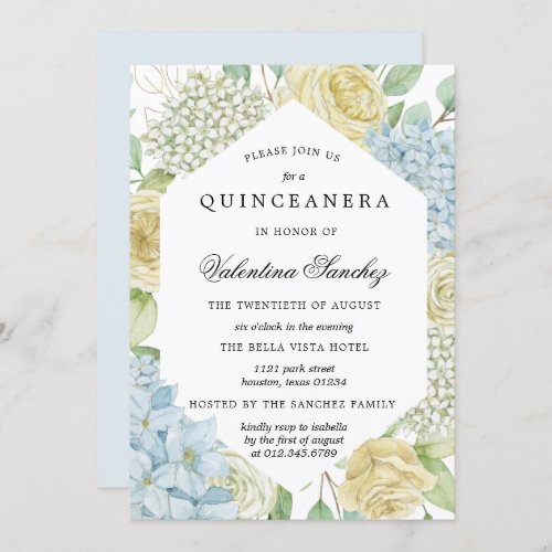 Blue White Rose Hydrangea Quinceanera Invitation