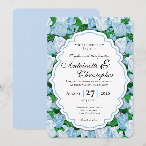 Blue & White Rose Wedding Invite with Blue Border