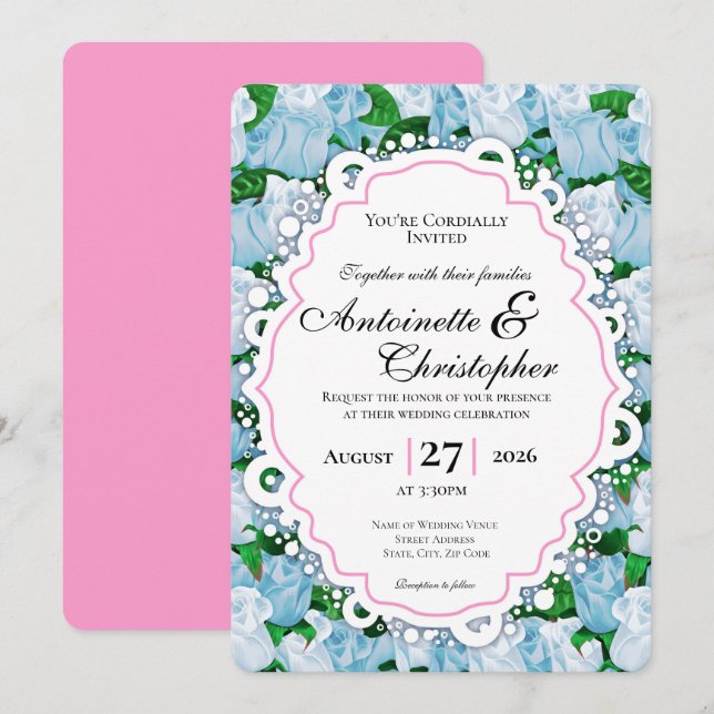 Blue & White Rose Wedding Invite with Pink Border (Front/Back)