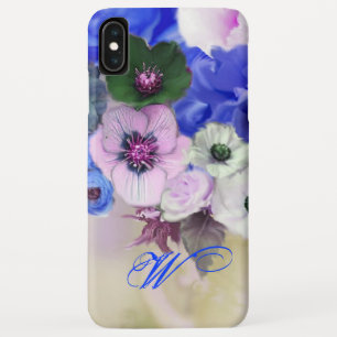 BLUE WHITE ROSES AND ANEMONE FLOWERS MONOGRAM iPhone XS MAX CASE