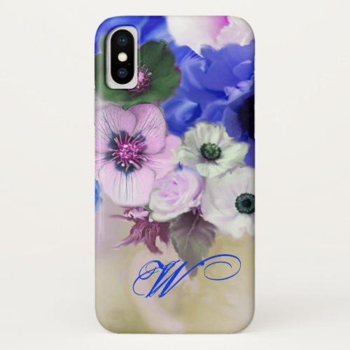BLUE WHITE ROSES AND ANEMONE FLOWERS MONOGRAM iPhone XS CASE