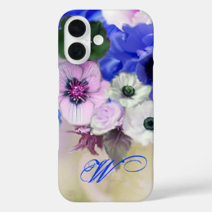 BLUE WHITE ROSES AND ANEMONE FLOWERS MONOGRAM iPhone 16 CASE