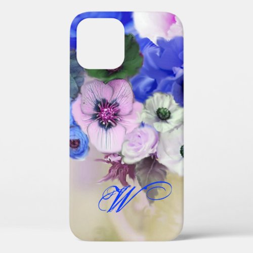 BLUE WHITE ROSES AND ANEMONE FLOWERS MONOGRAM iPhone 12 CASE