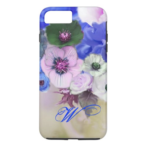 BLUE WHITE ROSES AND ANEMONE FLOWERS MONOGRAM iPhone 8 PLUS7 PLUS CASE