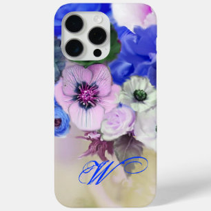 BLUE WHITE ROSES AND ANEMONE FLOWERS MONOGRAM iPhone 15 PRO MAX CASE