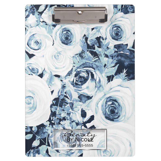 Blue & White Roses Glam Modern Floral Personalized Clipboard (Front)