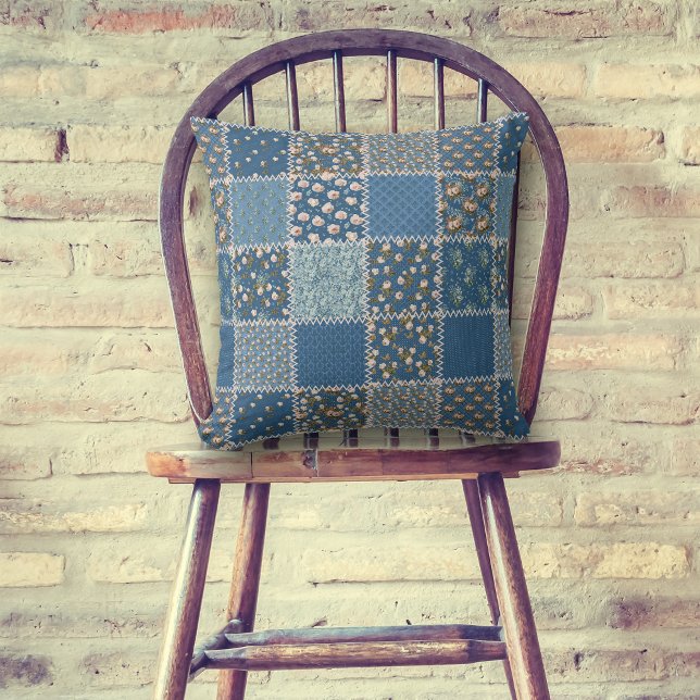 Blue White Roses Patchwork Quilt Pattern Throw Pillow (Creator Uploaded)