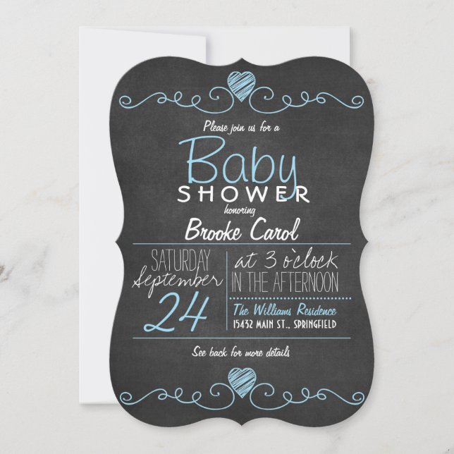 Blue & White Rustic Chalkboard, Heart Baby Shower Invitation (Front)