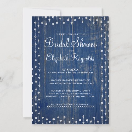 Blue White Rustic Country Bridal Shower Invitation