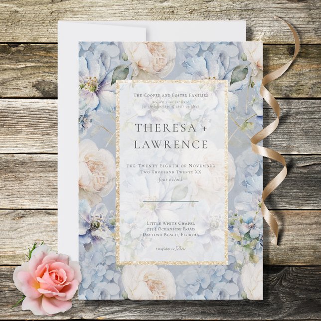 Blue & White Rustic Floral Gold Frame Wedding Invitation (Creator Uploaded)