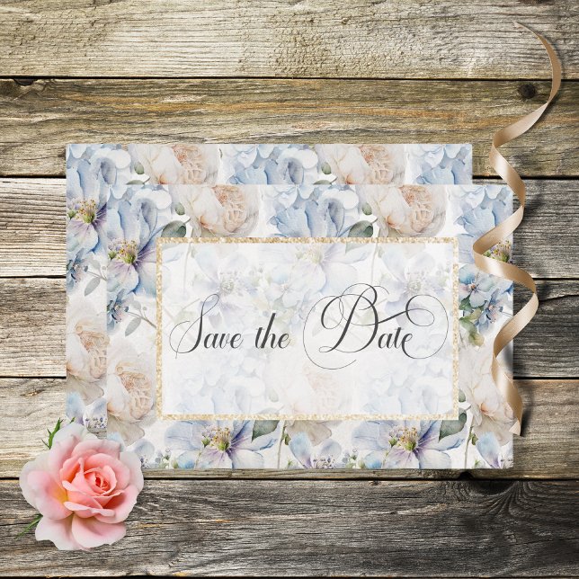 Blue & White Rustic Floral Gold Frame White Save The Date (Creator Uploaded)