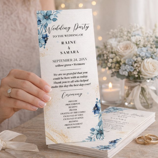 Blue & White Rustic Floral Wedding Party Program (Blue & White Rustic Floral Wedding Party Program)