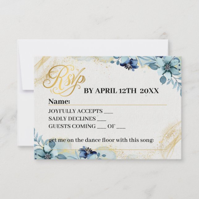 Blue & White Rustic Floral Wedding Reply Card (Front)