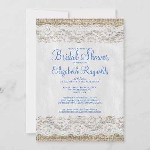 Blue &amp; White Rustic Lace Bridal Shower Invitations