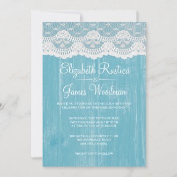 Blue & White Rustic Lace Wood Wedding Invitations by topinvitations at Zazzle