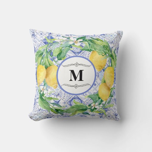 Blue White Rustic Lemon Greenery Wreath Monogram Throw Pillow