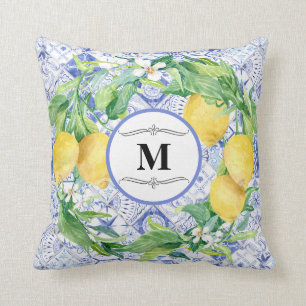 Blue White Rustic Lemon Greenery Wreath Monogram Throw Pillow