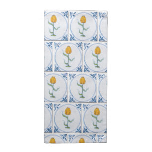 Blue White Rustic Yellow Tulip Faux Tile Cloth Napkin