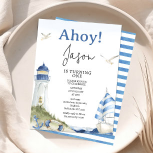 Blue White Sail Boat Nautical Ahoy 1st Birthday Invitation