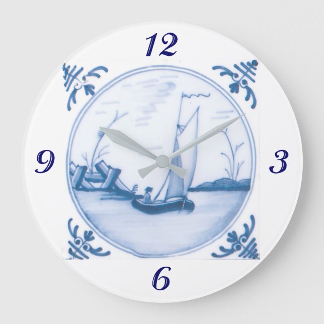 Blue White Sailboat Vintage Art Clock with Numbers (Front)