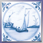 Blue White Sailboat Vintage Delft Art Tile<br><div class="desc">Classic Delft scenic art of a sailboat on a calm lake retouched and reproduced from an actual antique tile. It has a handpainted feel and features blue and white elements in the corners.  Click Customize It to add your name or message.</div>