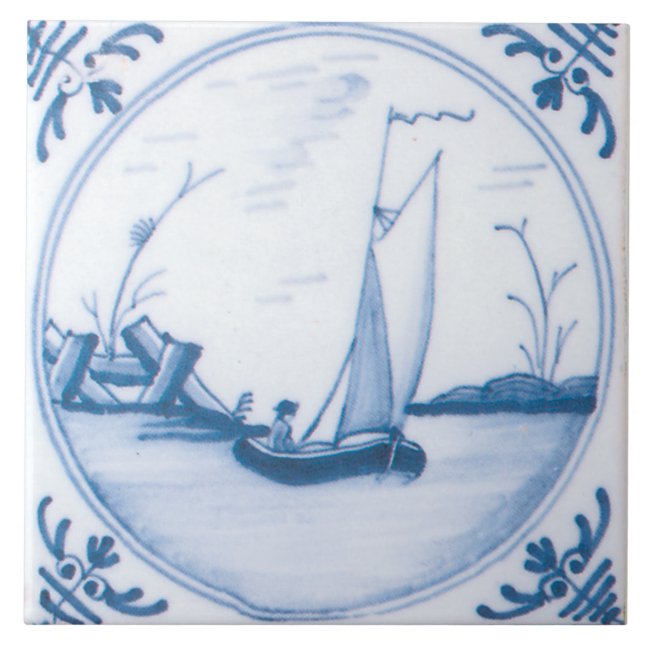 Blue White Sailboat Vintage Delft Art Tile