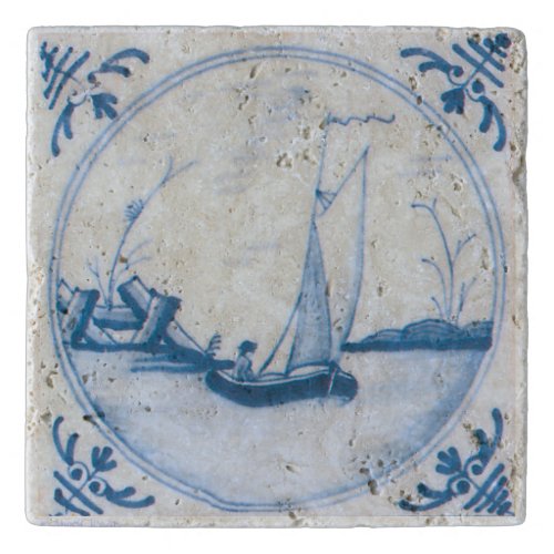 Blue White Sailboat Vintage Delft Art Trivet