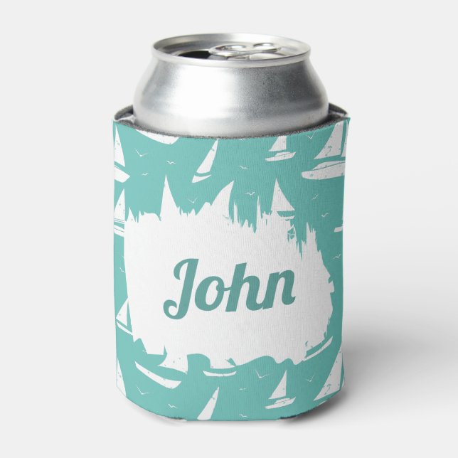 Blue White Sailing Boats Custom Nautical Can Cooler (Can Front)
