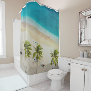 Blue White & Sand Simple Summer Beach Shower Curtain