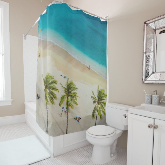 Blue White & Sand Simple Summer Beach Shower Curtain (In Situ)