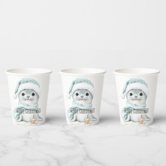 Blue White Santa Hat Scarf Seal Christmas Paper Cups (Multi)
