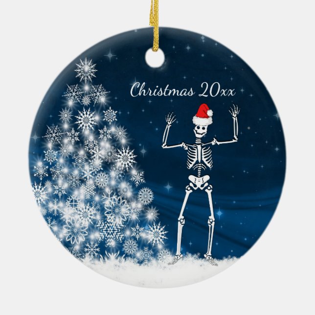 Blue & white Santa skeleton "Christmas 20xx" Ceram Ceramic Ornament (Back)