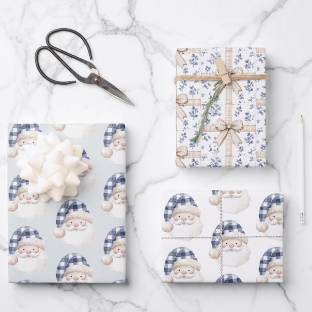 Blue White Santa with Hat Christmas Gifts Wrapping Paper Sheets (Front)