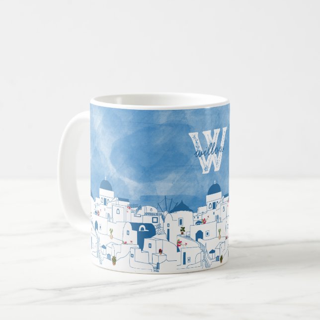 Blue & White Santorini Greece Monogram Coffee Mug (Front Left)