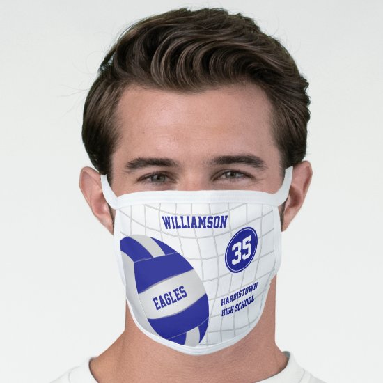 blue white school club team name volleyball face mask
