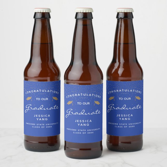 Blue White Script Gold Cap Graduation Beer Bottle Label (Bottles)