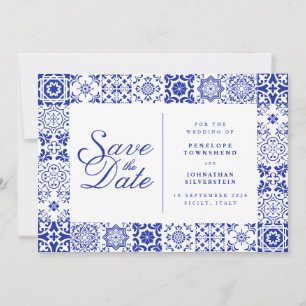 Blue White Script Italian Tile Wedding Save The Date