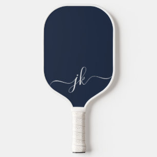 Blue White Script Modern Monogram Pickleball Paddle