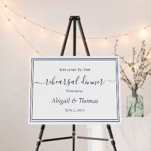 Blue White Script Rehearsal Dinner Welcome Sign