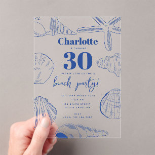 Blue White Sea Shells Beach Summer Birthday Party Acrylic Invitations
