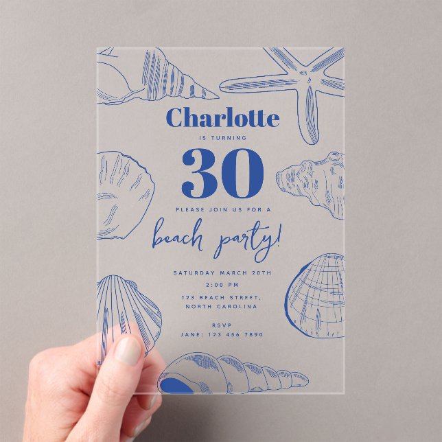 Blue White Sea Shells Beach Summer Birthday Party Acrylic Invitations (Insitu (Handheld))