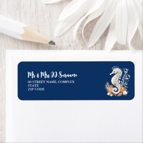 Blue white seahorse nautical ocean animals chic label