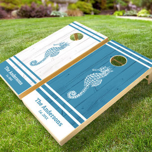 Blue white seahorses rustic beach wood family name cornhole set