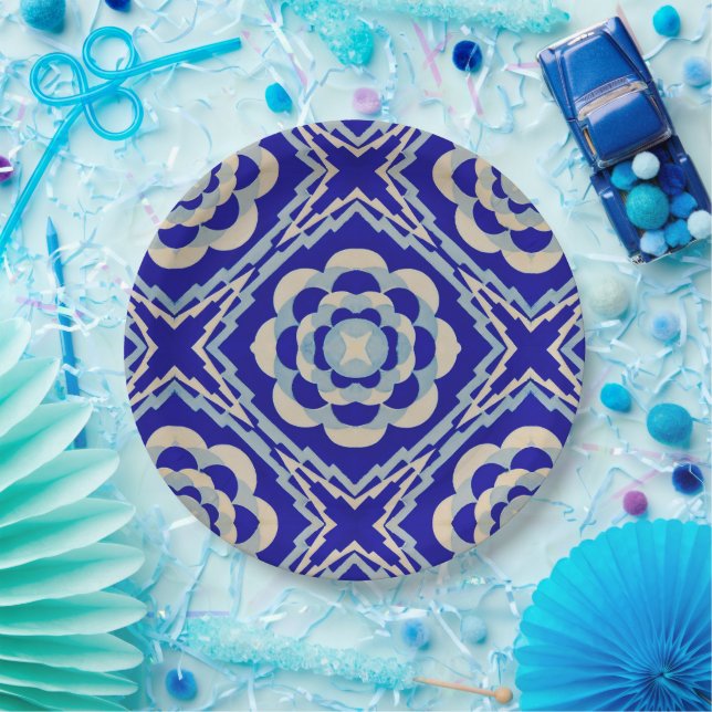 Blue White Seamless Kaleidoscope Diamond Paper Plates (Party)