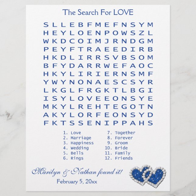 Blue, White "Search for Love" Wordsearch Game (Front)