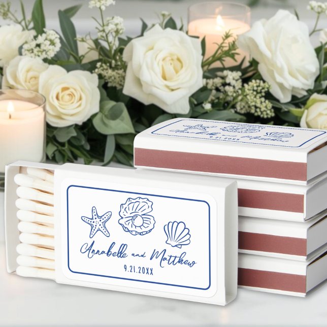 Blue White Seashell Beach Wedding Matchboxes (Blue White Seashell Beach Wedding Matchboxes)