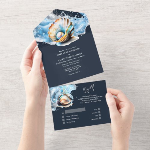 Blue white seashell pearl ocean waves chic all in one invitation