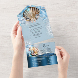 Blue white seashells ocean waves iridescent beach all in one invitation