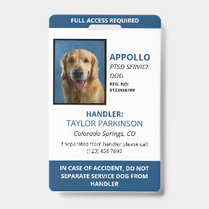 Blue White Service Dog Photo ID Badge